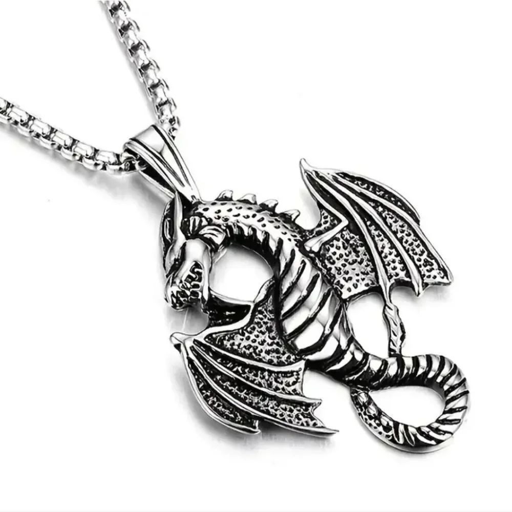 Winged Dragon Necklace Silver Zinc Alloy Pendant Men's Fashion Jewelry Chain